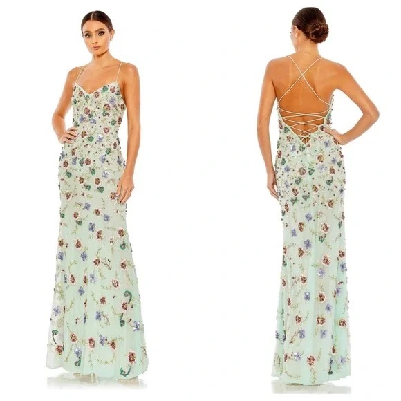Mac Duggal Embellished Sequin Sage Green Strap Open Back Floral Tulle 10890 Gown - Picture 1 of 11